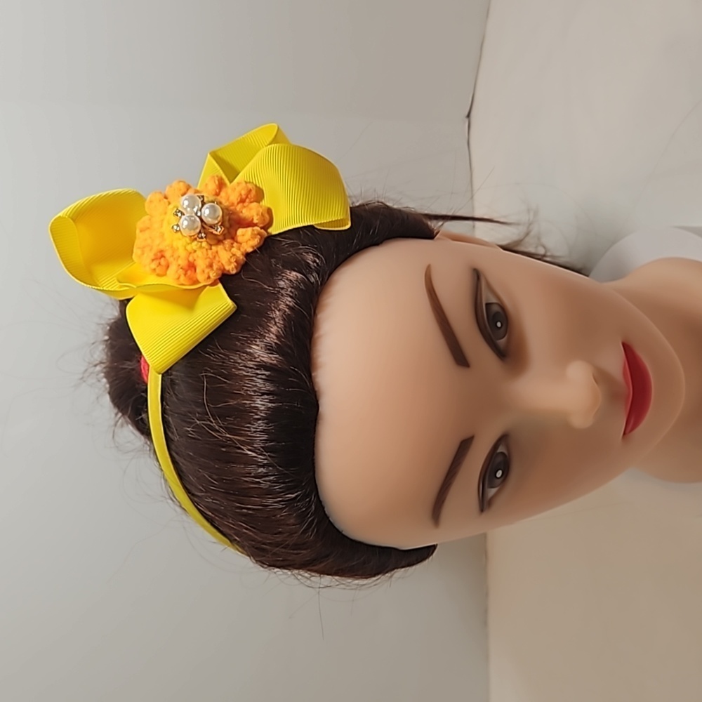 Hand Crafted yellow bow hairband hand  crochet flower faux pearls beads floral - Picture 10 of 17